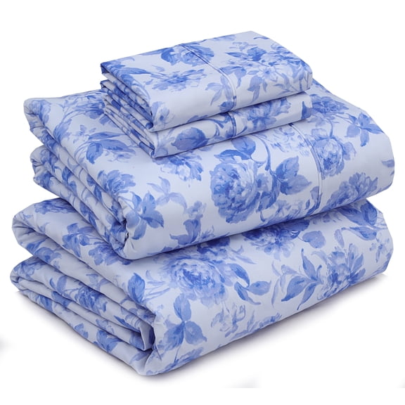 Ruvanti King Size Sheets Set - Luxurious Silky Soft Microfiber Bedding - Cozy & Comfy - 15 inch Deep Pocket (Fits up to 17") Hotel Bed Sheets - 4 Pcs - Blue Floral