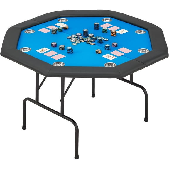 GJWL 8 Players Poker Table Foldable, Octagonal Texas Hold'em Table w/Stainless Steel Cup Holder, Folding Casino Leisure Poker Game Table for Blackjack, Gambling, Blue