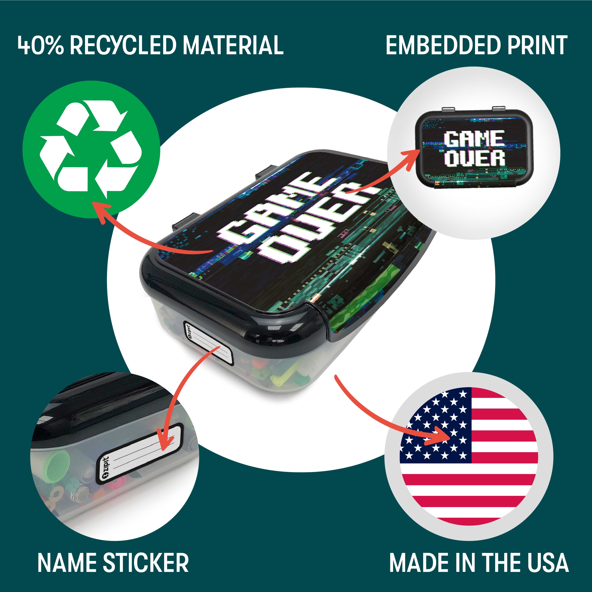 ZIPIT Black Gamer Recycled Plastic Pencil Box for Kids, Elementary School Box
