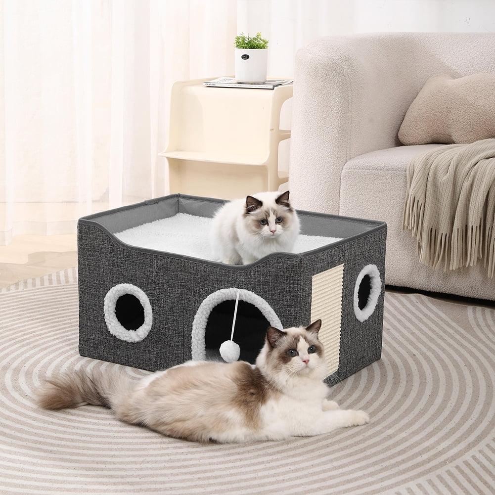 Large Cat Bed Cave Cat Hideaway, Foldable Cat Scratcher House, Big Cat Bed for Idoor, Cute Cave with Ball Toy, Fabric Pet Furniture, Big Condo for Multi Small Pet Large Kitten Kitty