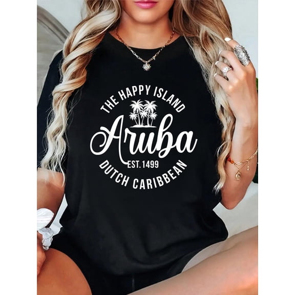 100% Cotton The Happy Island Aruba Dutch Caribbean Beach Vacation T-Shirt Women's Graphic Tee Casual Tops