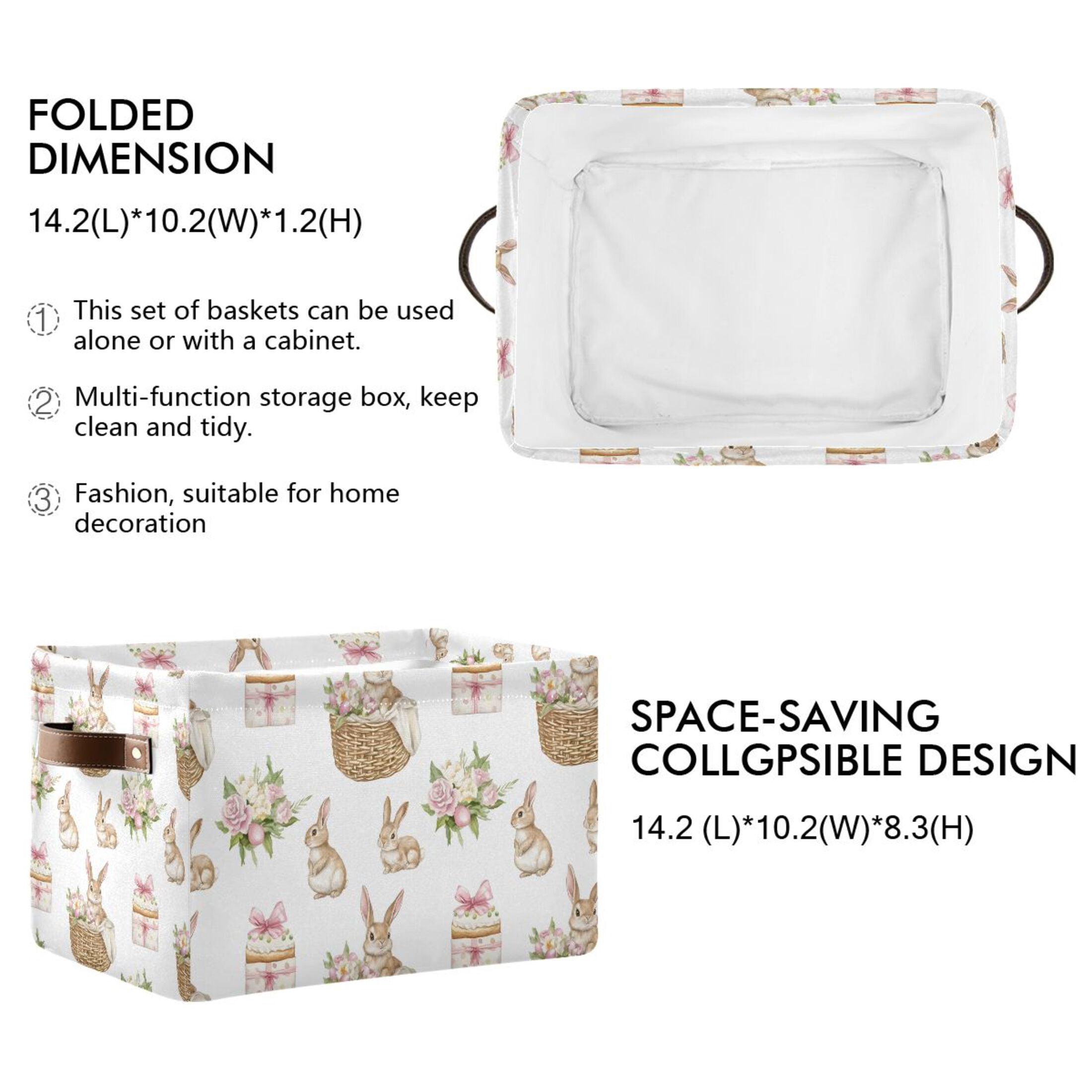 Ryvnso Easter Rabbit Storage Basket Large Bin Foldable Boxes Toys Organizer 14.2x10.2x8.3in 2 PCs