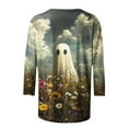 thumbnail image 5 of Riecok Halloween for Women Shirt 3/4 Sleeve Crewneck Funny Ghost Printed Tunic Tops Basic Tee Blouses Green L, 5 of 5