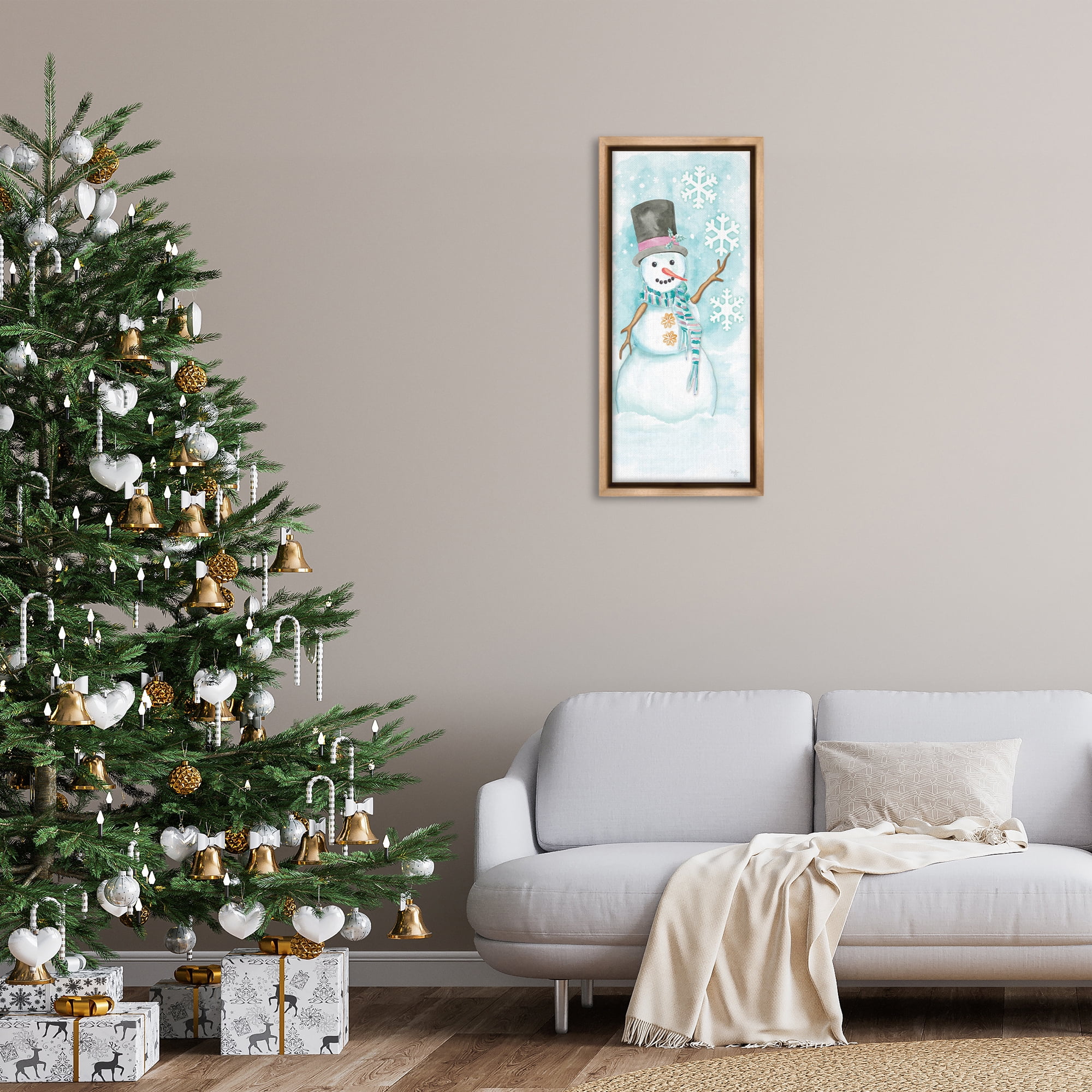 Stupell Industries Waving Snowman Greeting Holiday Painting Brown Floater Framed Art Print Wall Art, 15 x 31