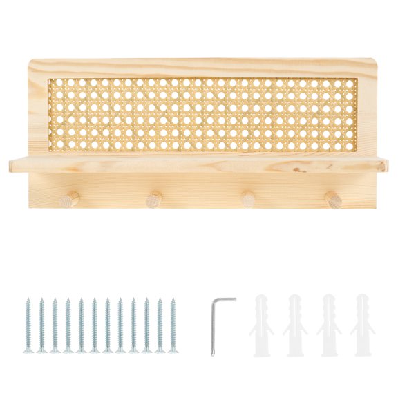 Austok Rattan Rack Shelf with 4 Hooks Decorative Rattan Wall Rack Space Saving Floating Rattan Shelf Wall Mount Entryway Rattan Rack Easy to Install for Entryway Nursery Hallway Office Home
