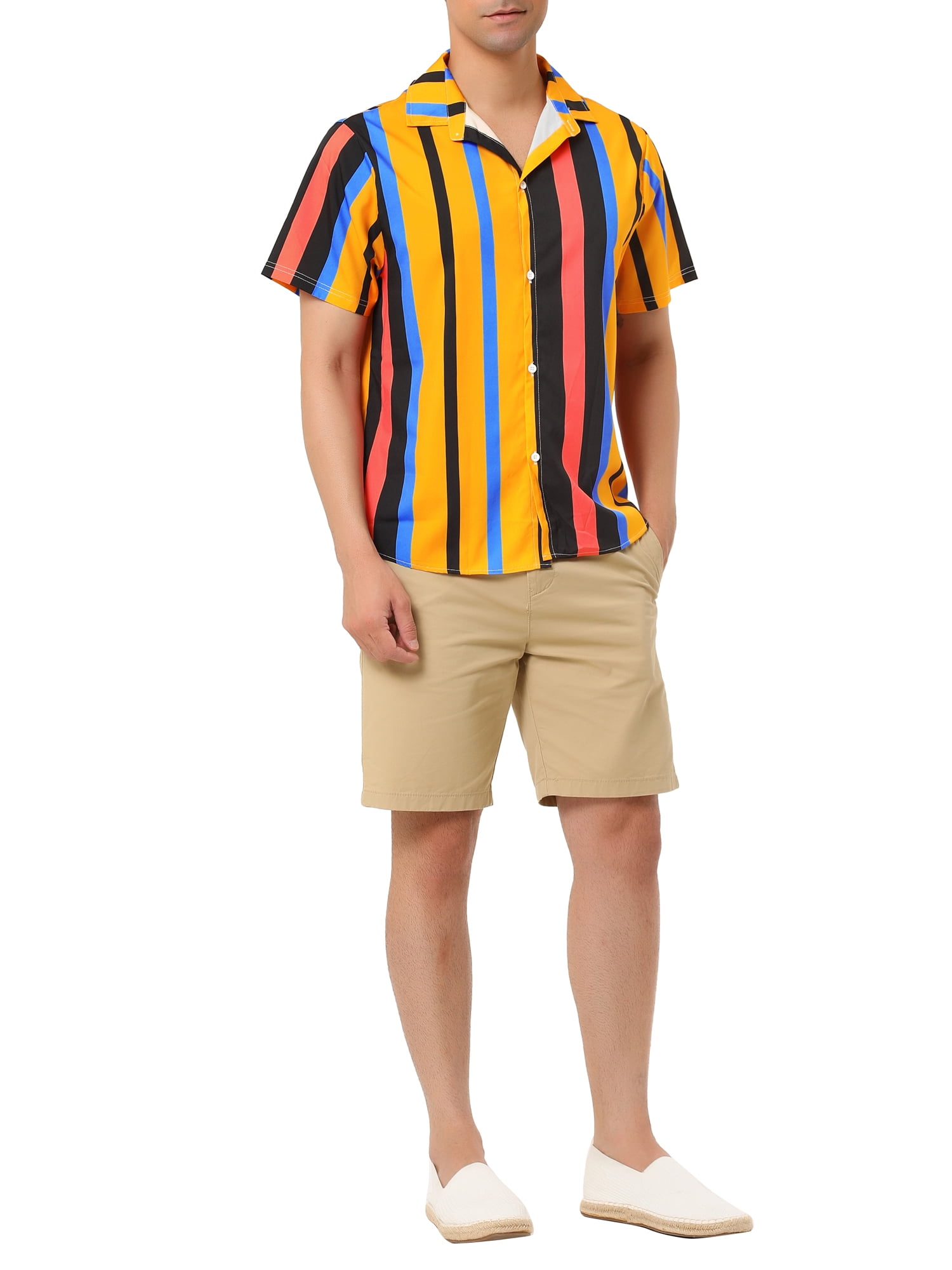 Unique Bargains Men's Summer Striped Shirt Short Sleeve Button Down Beach Shirts L Orange Black Blue