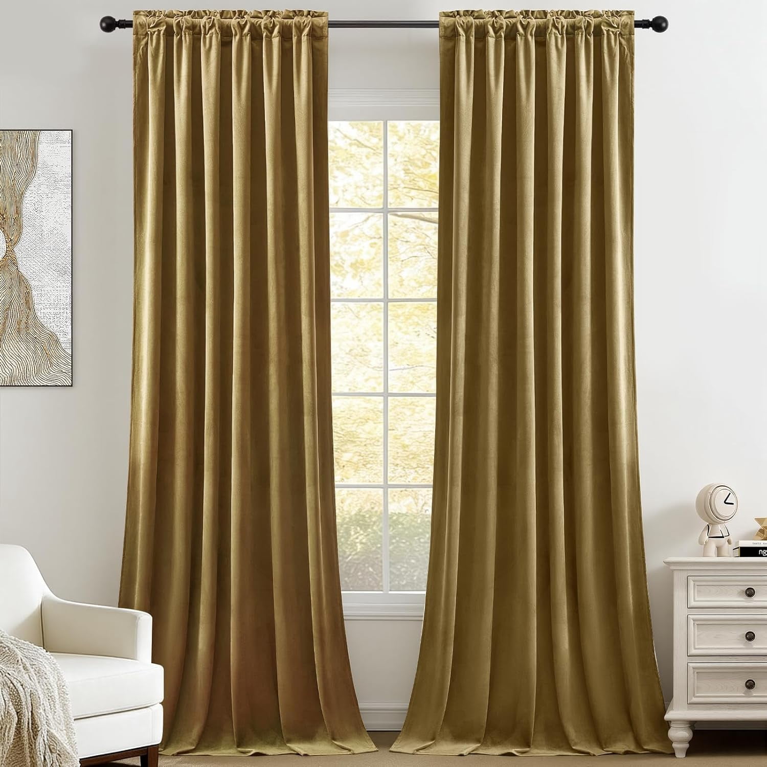 Galenzoov 52*90 inch 2 Panels Velvet Curtains for Home, Room Darkening Heat Blocking Blackout Window Curtains Back Tab Rod Pocket Drapes for Bedroom,Living room,Office,Gold Brown