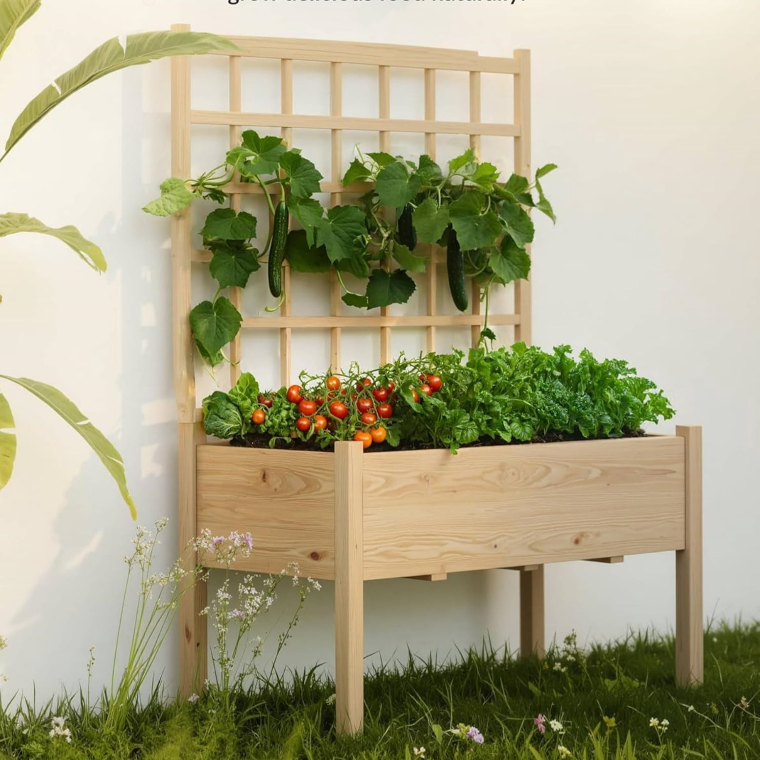 Riedhoff Raised Garden Bed with Lattice Trellis, 46 x 23 x 65", with Legs, Oak