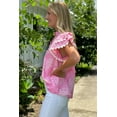 thumbnail image 3 of Women's Pink Abstract Print Flutter Sleeve Notch V Neck Blouse with Ric Rac Trim | [ZhiHiMeRi] | (US 12-14)L, 3 of 12
