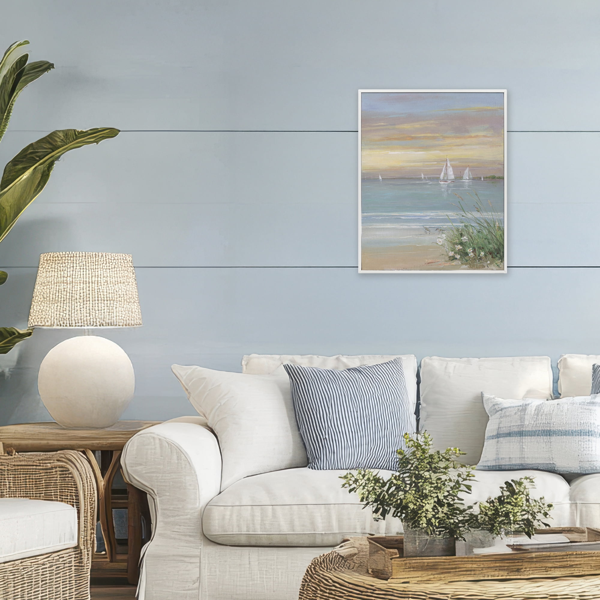 Stupell Industries Sailboats Beyond Sandy Shore White Framed Giclee Art, design by Sally Swatland