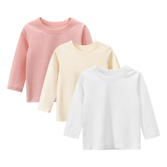 KAWELL 3 Pack Girls Long Sleeve Shirts Toddlers Basic Crewneck Tees 2-8T