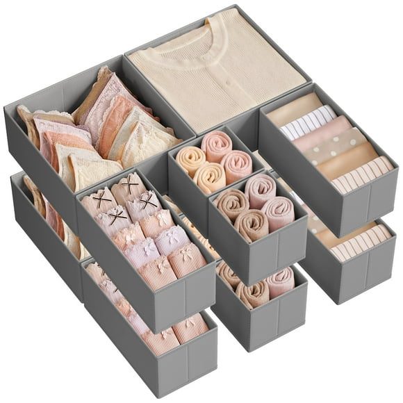 SONGMICS Organizador de Cajones, Organizadores de Cajones de Cómoda, Juego de 12, Contenedores de Almacenamiento de Tela Plegables para Calcetines, Ropa Interior, Sujetadores, Corbatas, Bufandas, Gris
