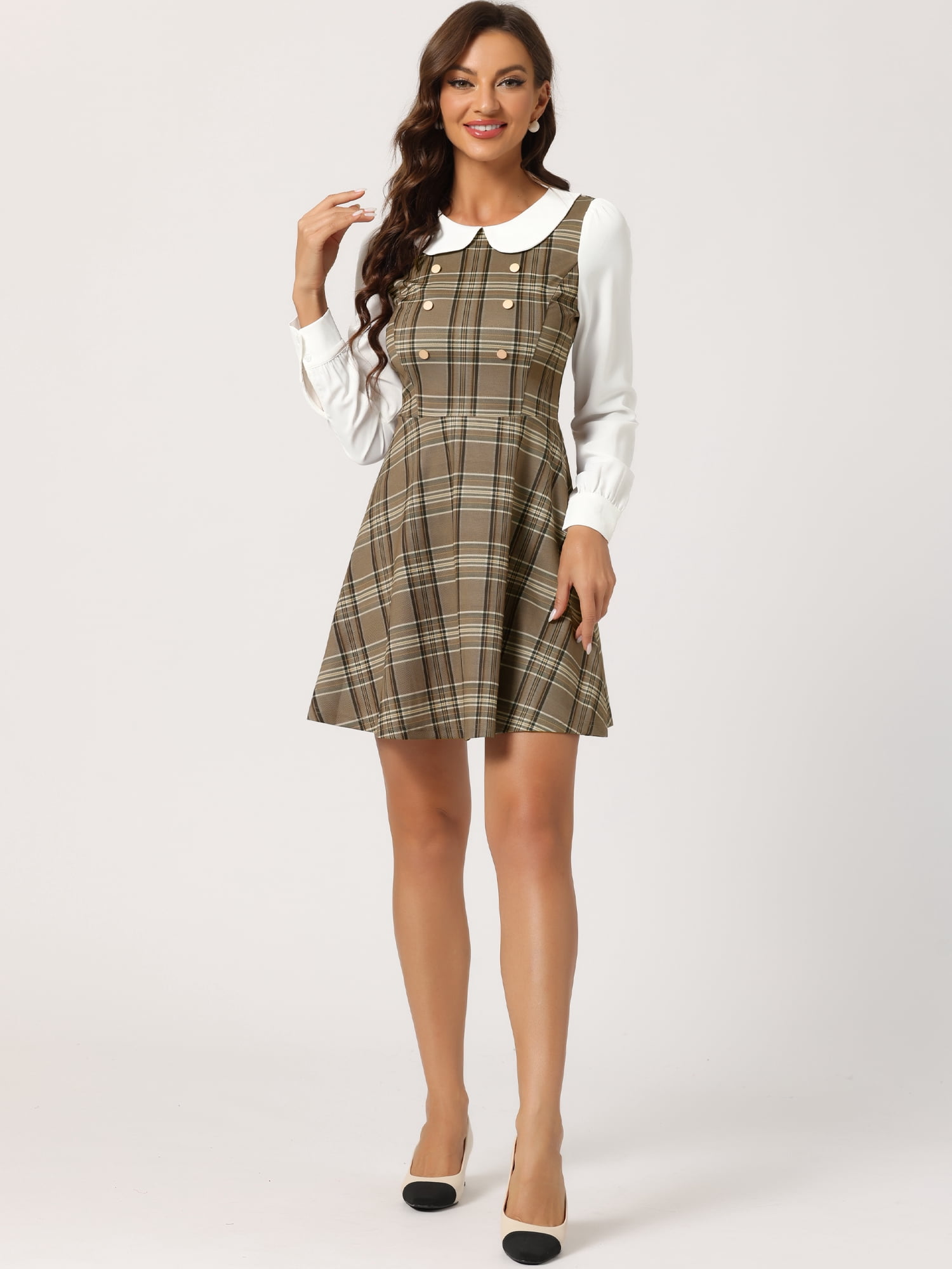 DARING DIVA Women's Plaid Peter Pan Collar Mini A-Line Dress XS Brown