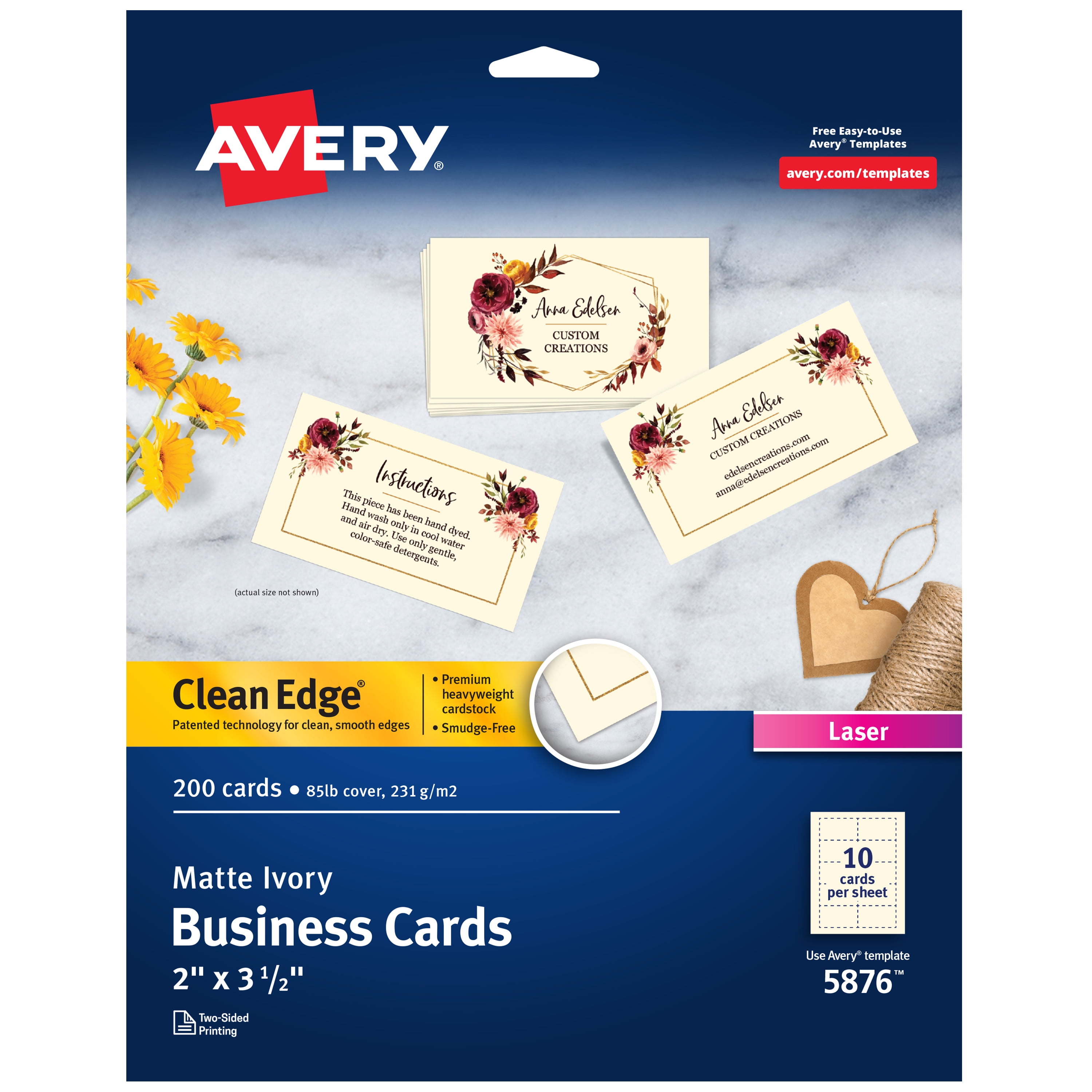 Avery Clean Edge Printable Business Cards, 2' x 3.5', Ivory, 200 Blank Cards for Laser Printers (05876)