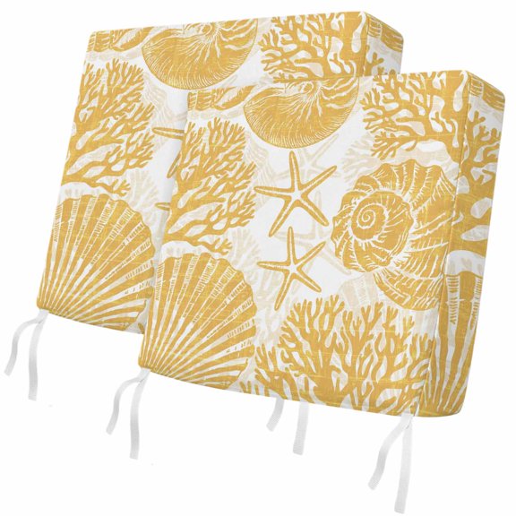 Outdoor Patio Cushion Covers 2 Pack Yellow Coastal Conch Chair Cushion Seat Pads with Ties & Zipper Waterproof Coral Shell Starfish Chair Slipcovers for Outdoor Furniture Couch Sofa 24x24 Inch