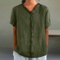 thumbnail image 2 of Ecqkame Women's Casual Tops Fashion V-Neck Short Sleeve Cotton Linen Shirt Loose Trendy Button Down Soft Solid Color Blouse 02-Army Green M, 2 of 6