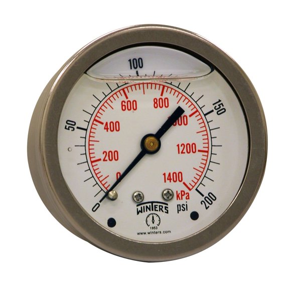 Manómetro Winters con esfera de 2,5 cm, 0-200 psi/kPa, 1,5% ACC