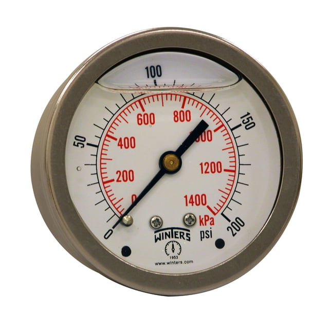 Manómetro Winters con esfera de 2,5 cm, 0-200 psi/kPa, 1,5% ACC