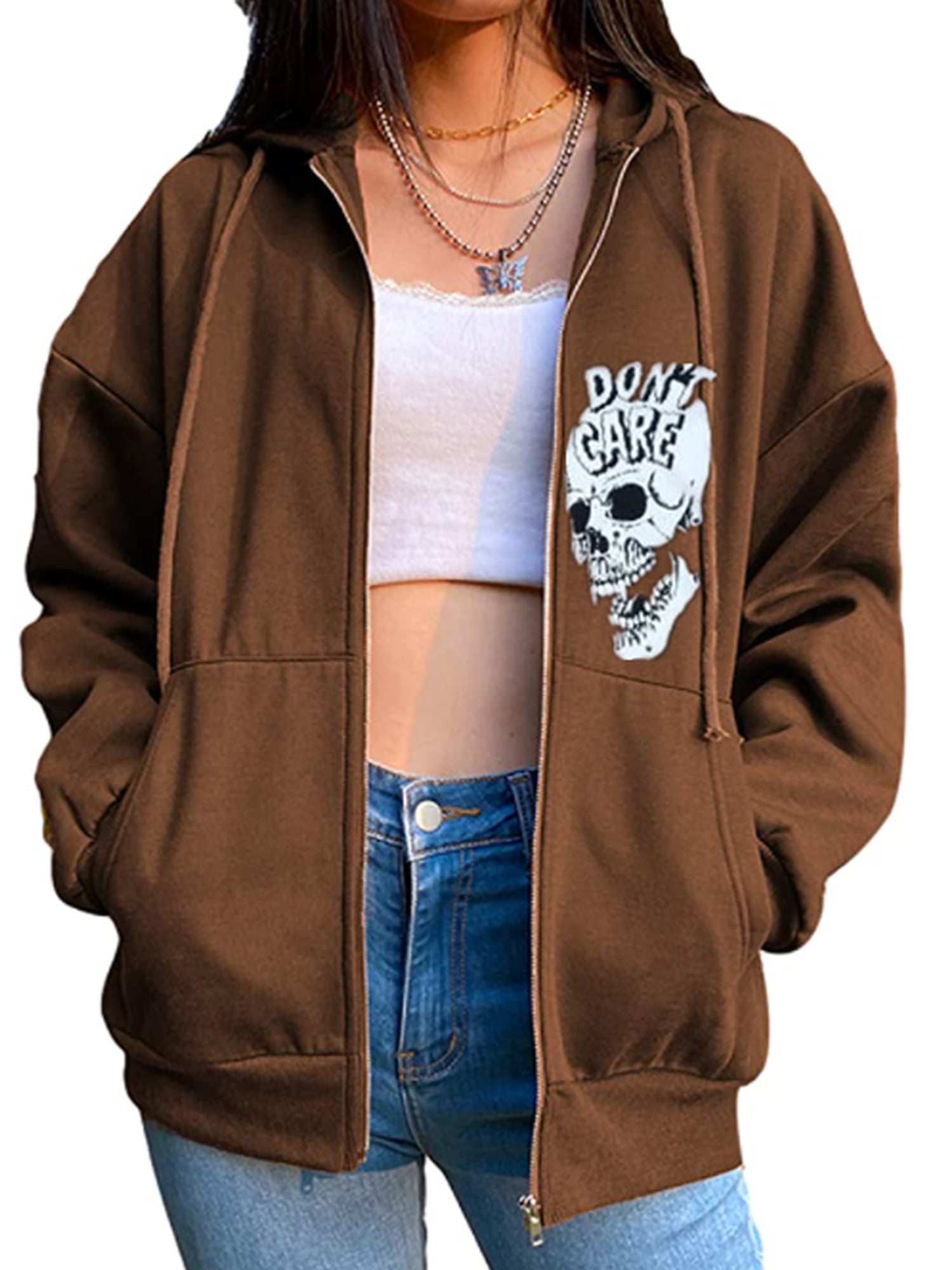 Pybcvrrd Women Zip-up Hooded Sweatshirt Skeleton/Skull Print Loose Fit Long  Sleeve Pullover with Pockets