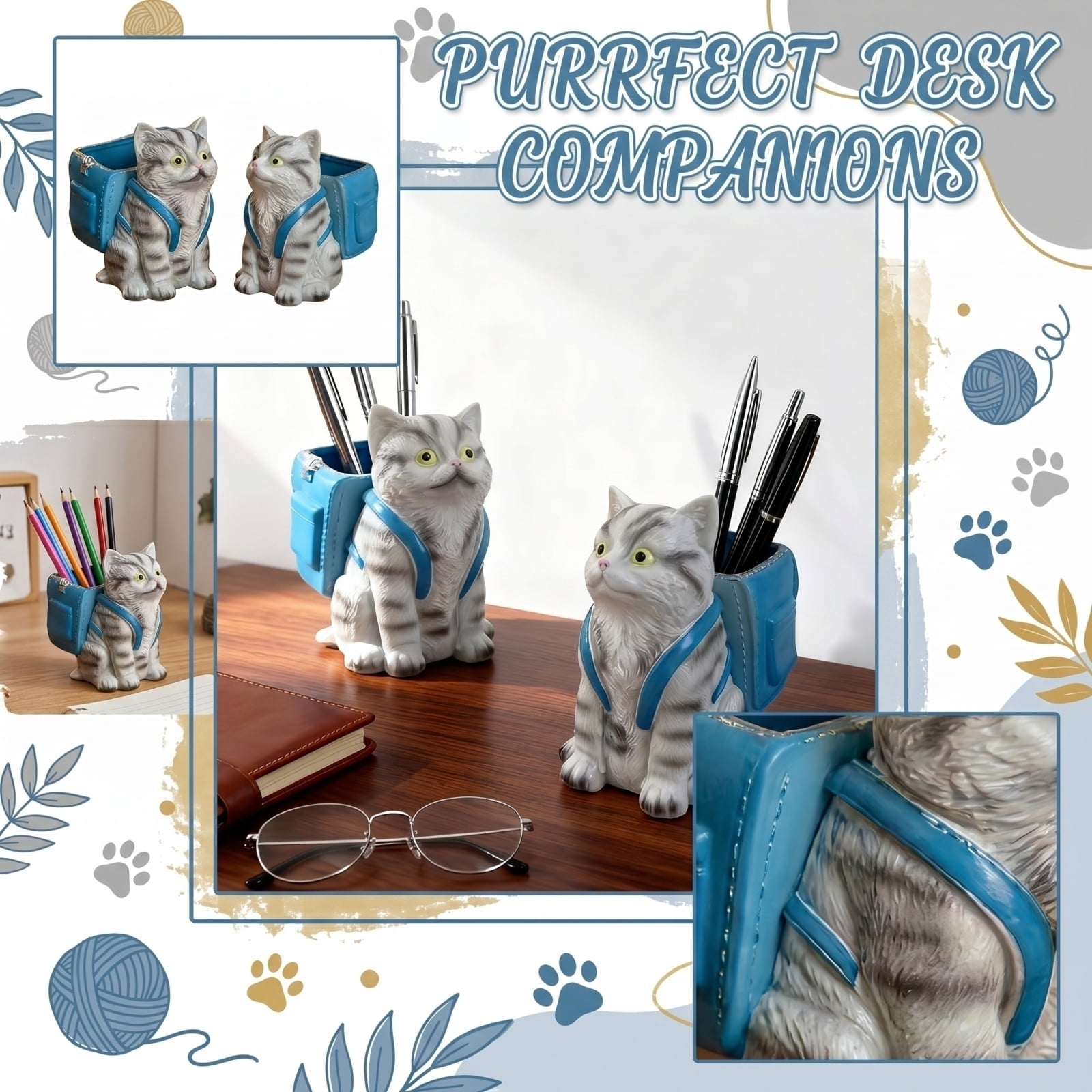Cute Pen Holder for Desk Cat Decor for Home Office Desk Organizer Pen Holder Blue Cat Desk Accessories Home Office Decor 1 Pack