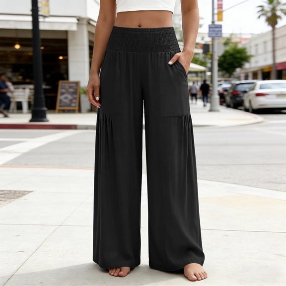 Cagogo Women Wide Leg Elastic Waist Pants Casual Loose Flowy Long Trousers with Pockets for Summer Vacation Beach Lounge Wear, Black 2XL