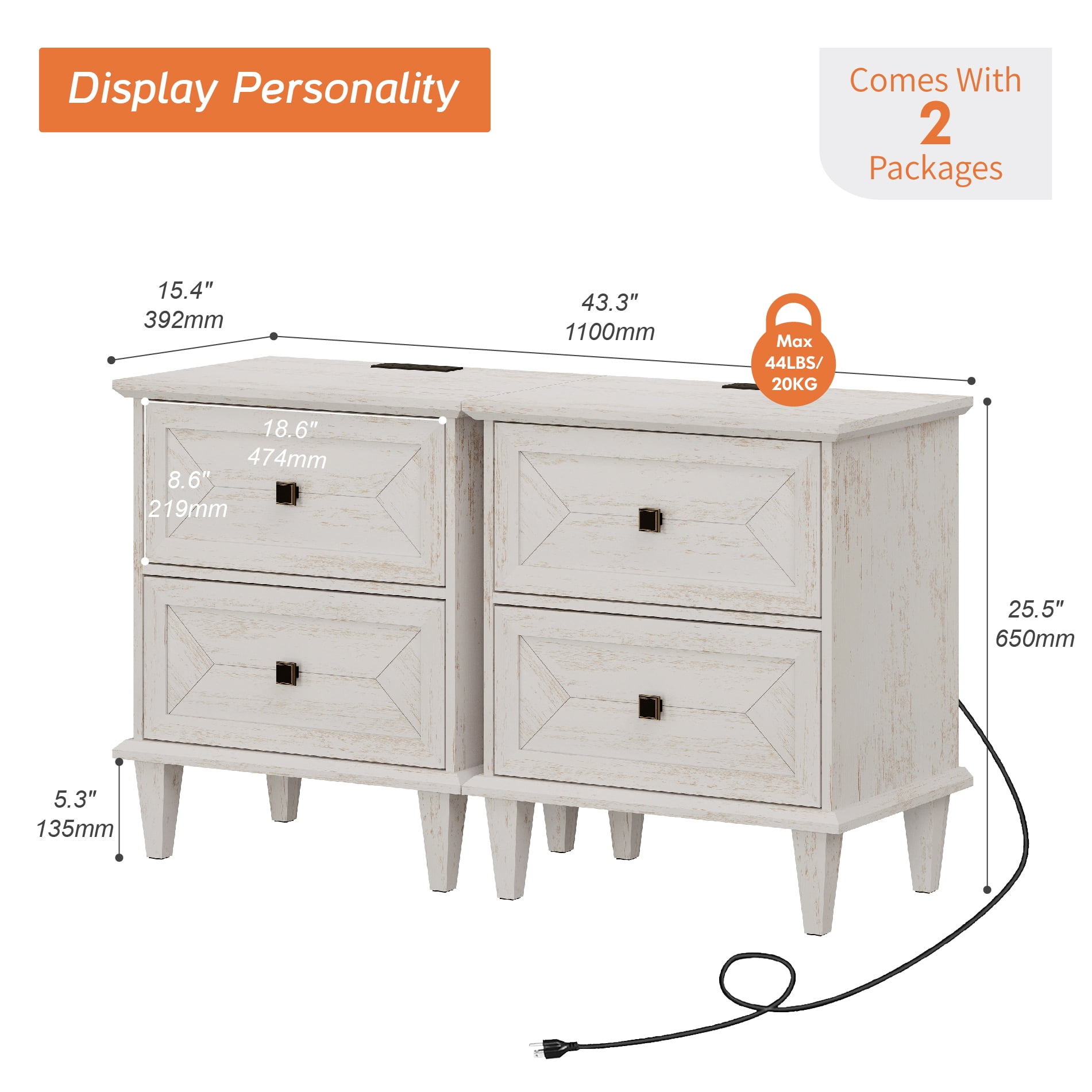 WAMPAT Night Stands Set of 2 with Charging Station, Rustic Farmhouse Bedside Tables with Drawers, White End Tables for Living Room Bedroom, Distressed White
