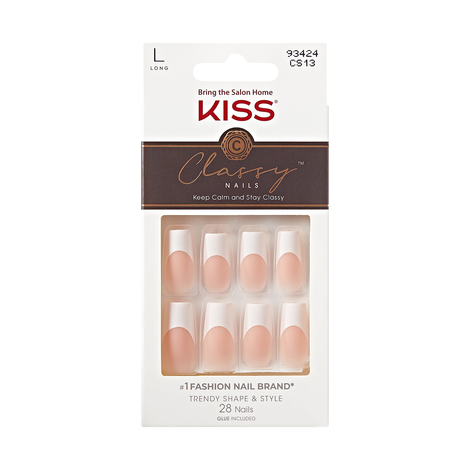 (3 pack) Kiss Classy French Tip Press On Nails, Movin’, White, Long Square, 28 Count