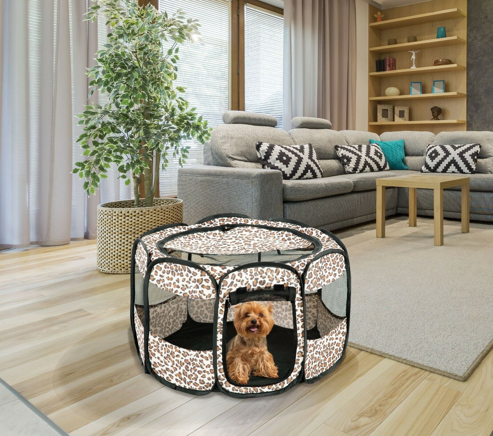 Portable Dog Tent Pen -  Outdoor & Indoor Puppy Playpen - Play Tent Enclosure -Leopard Print