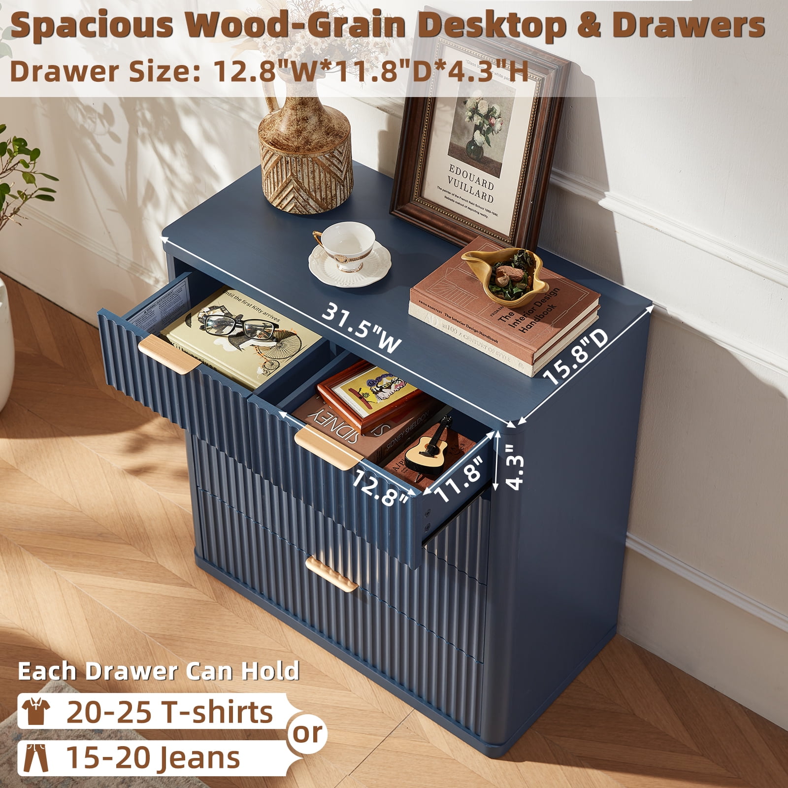 Leyaoyao Fluted Modern Dresser, 5 Drawers Adult Chest of Drawers, Blue, Engineered Wood, 34 inch Tall
