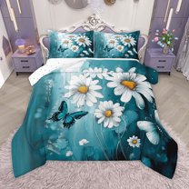 Homewish Blue Country Butterfly Full Size Comforter Sets,Oil Painting Daisy Bedding Comforter Set,Modern Aesthetic Artistic Bedding Sets For Kids,Ultra Soft Home Decor Reversible,3pcs