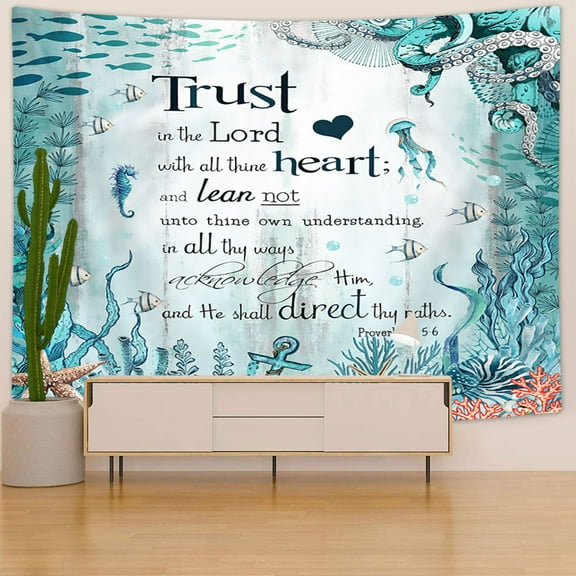 Sea Turtle Octopus Tapestry, Blue Teal Ocean Fish Underwater Animal Seashell Coastal Tapestry Wall Hanging, Inspirational Quotes Tapestry for Dorm Living Room Bedroom Poster Decor, 60X40in