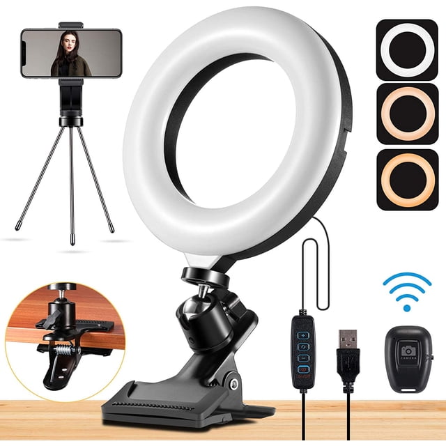 Anillo de luz para teléfono portátil, mini anillo de luz de 6 "con soporte de abrazadera de clip, iluminación de videoconferencia con control remoto Bluetooth/retención de teléfono Adepaton CZBG-ZC74