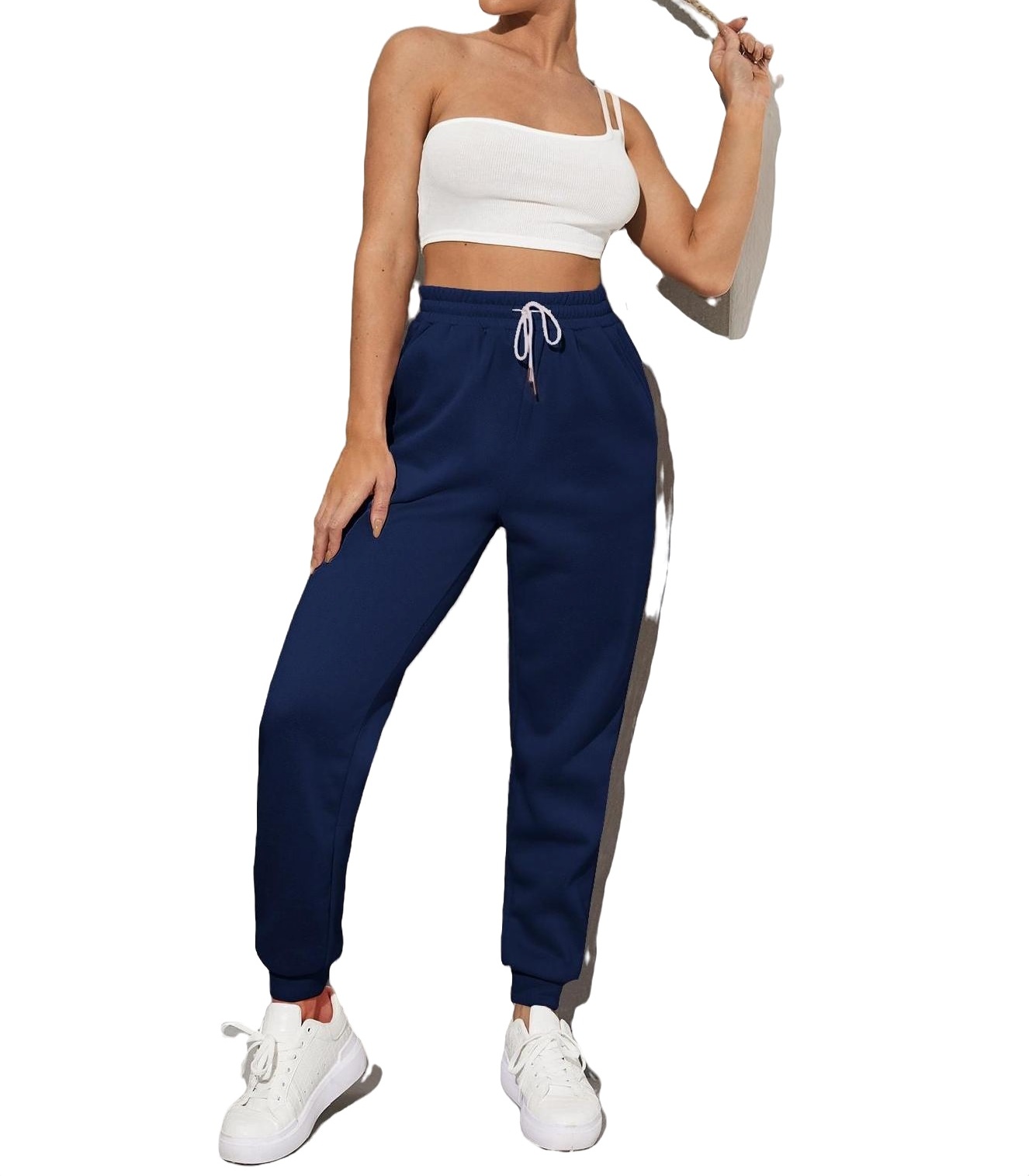 Womens Casual Pants Drawstring Waist Solid Joggers Navy Blue S