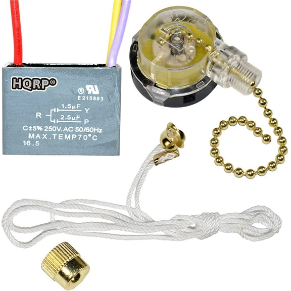 HQRP Kit Ceiling Fan Capacitor CBB61 1.5uf 2.5uf 3-Wire and 3-Speed Fan Switch