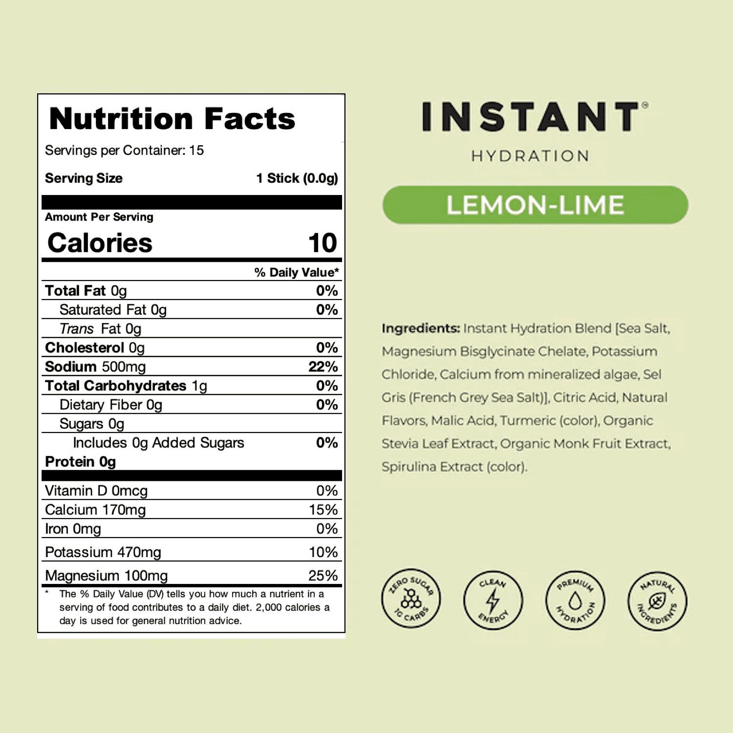 Instant Hydration Sugar Free Electrolyte Powder, Lemon Lime, 15 Sticks