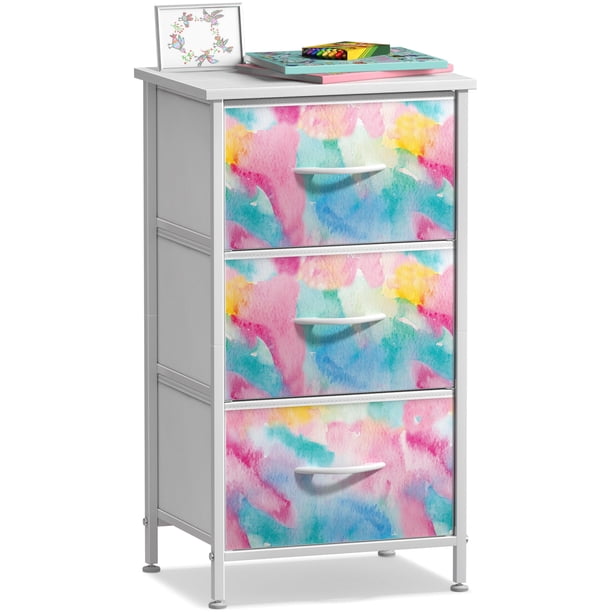 Sorbus Mesita de Noche con 3 Cajones, Mesa Auxiliar y Tocador para Recámara, en Turquesa Tie-Dye con Colores Pastel