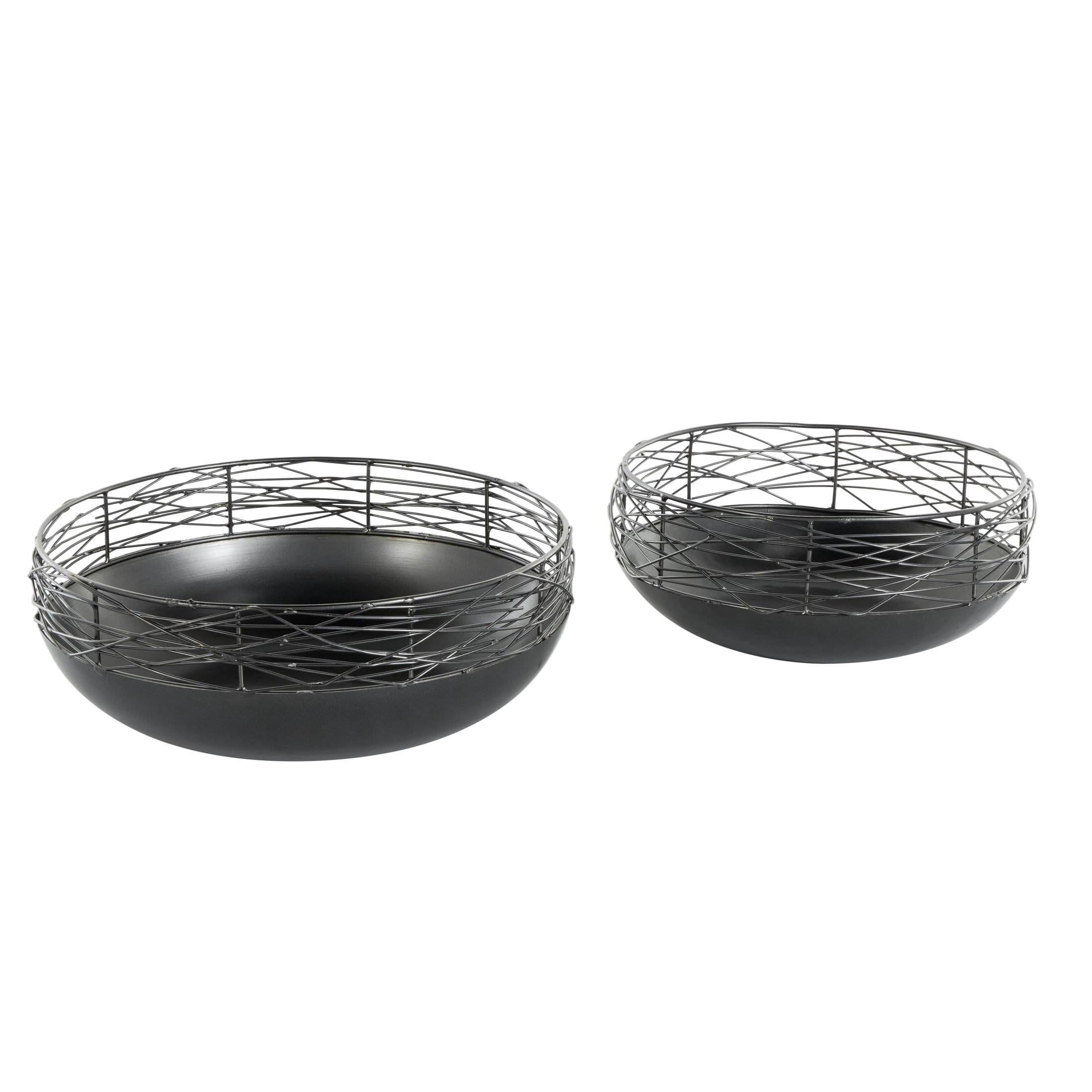 DecMode 15", 12"W Round Intertwined Wire Abstract Black Metal Decorative Bowl with Solid Matte Base, Set of 2