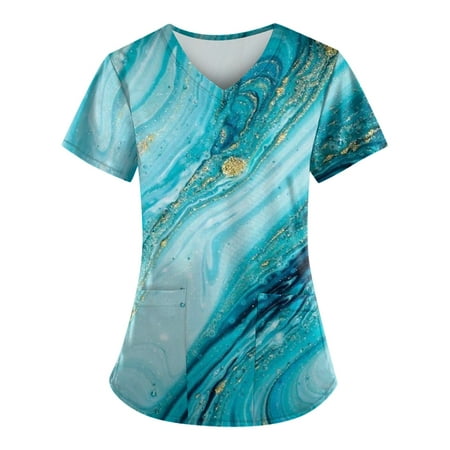 

BEBUTTON Womens Scrubs Plus Size V Neck Short Sleeve Tops Loose Printed Working Uniform Blouses with Pocket Sky Blue XL