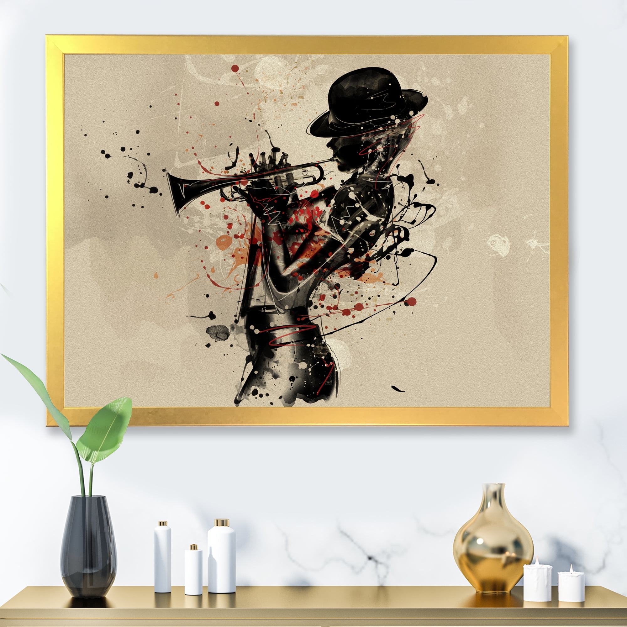 Designart 'Girl Playing Jazz Trumpet' Modern Framed Art Print