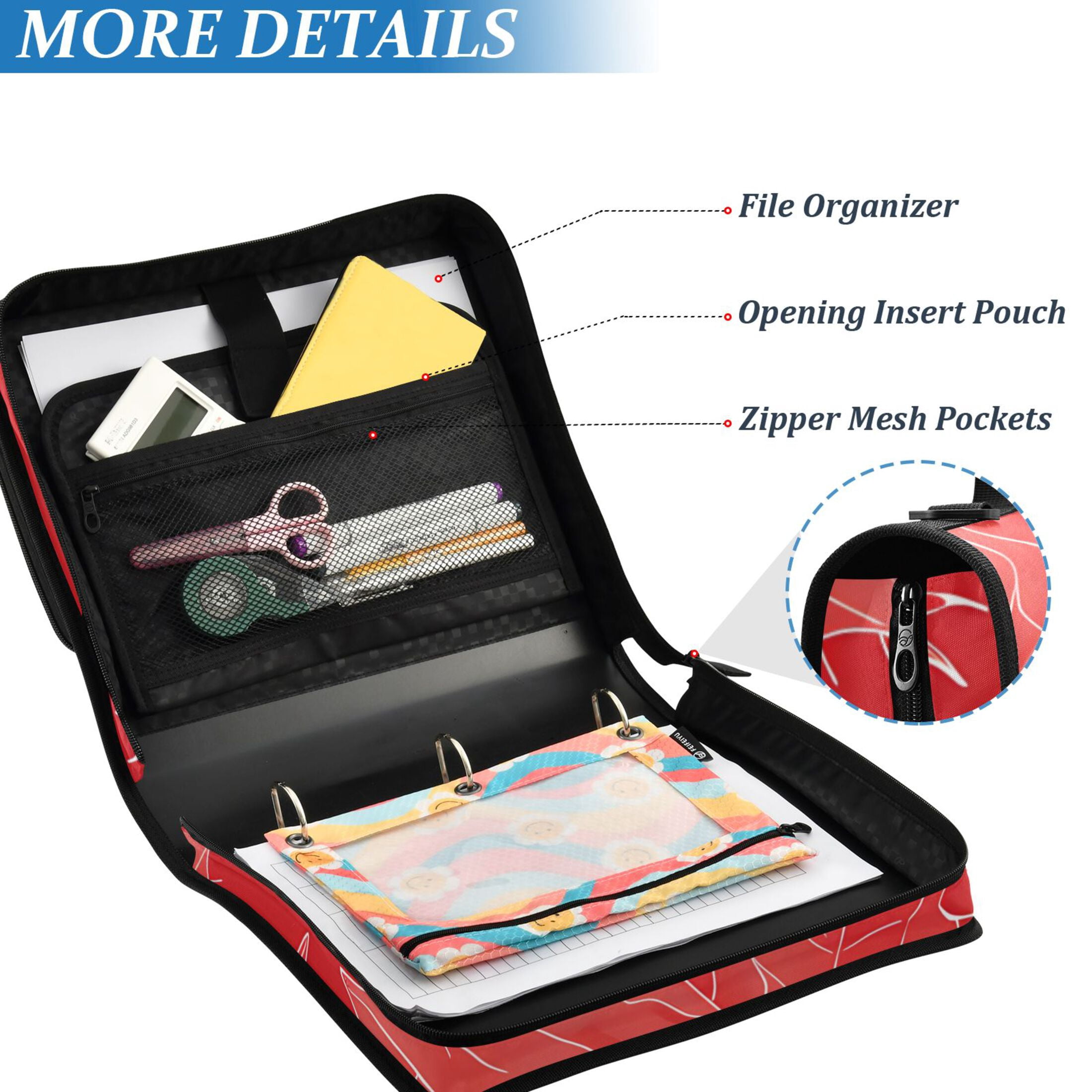 3 Ring Zipper Binder with Shoulder Strap Waterproof Trapper Keeper 2 Inch D-Ring 500 Sheets Capacity Hand Drawn Maple Leaves