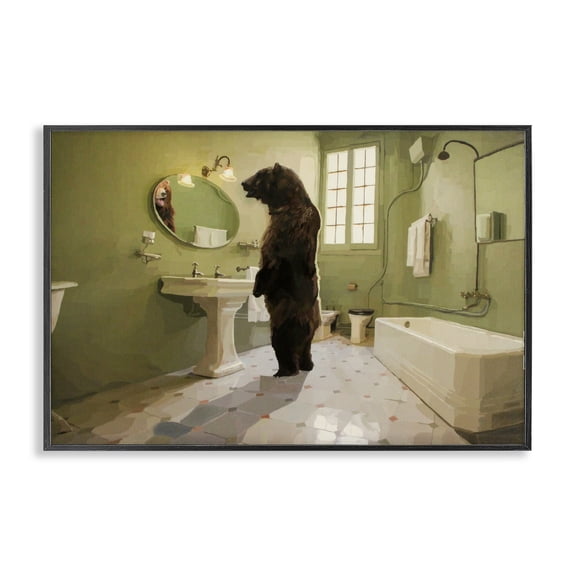 The Houseguest Bear in Bathroom Black Framed Giclee Art, design by Keith Thomson