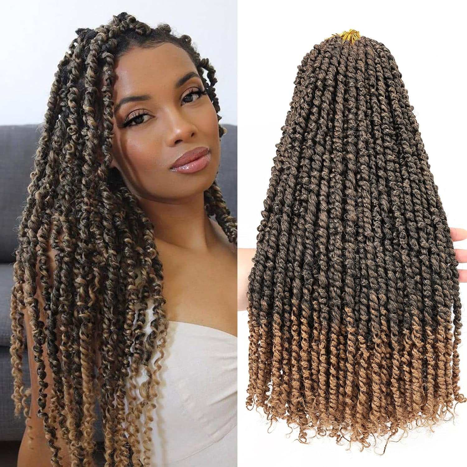 WEIF-20 Inch Pretwisted Passion Twist Hair 8 Packs Ombre Honey Blonde Pre Looped Corchet Braids for Women Long Bohemian Synthetic Hair Extensions with Curl Ends #T27