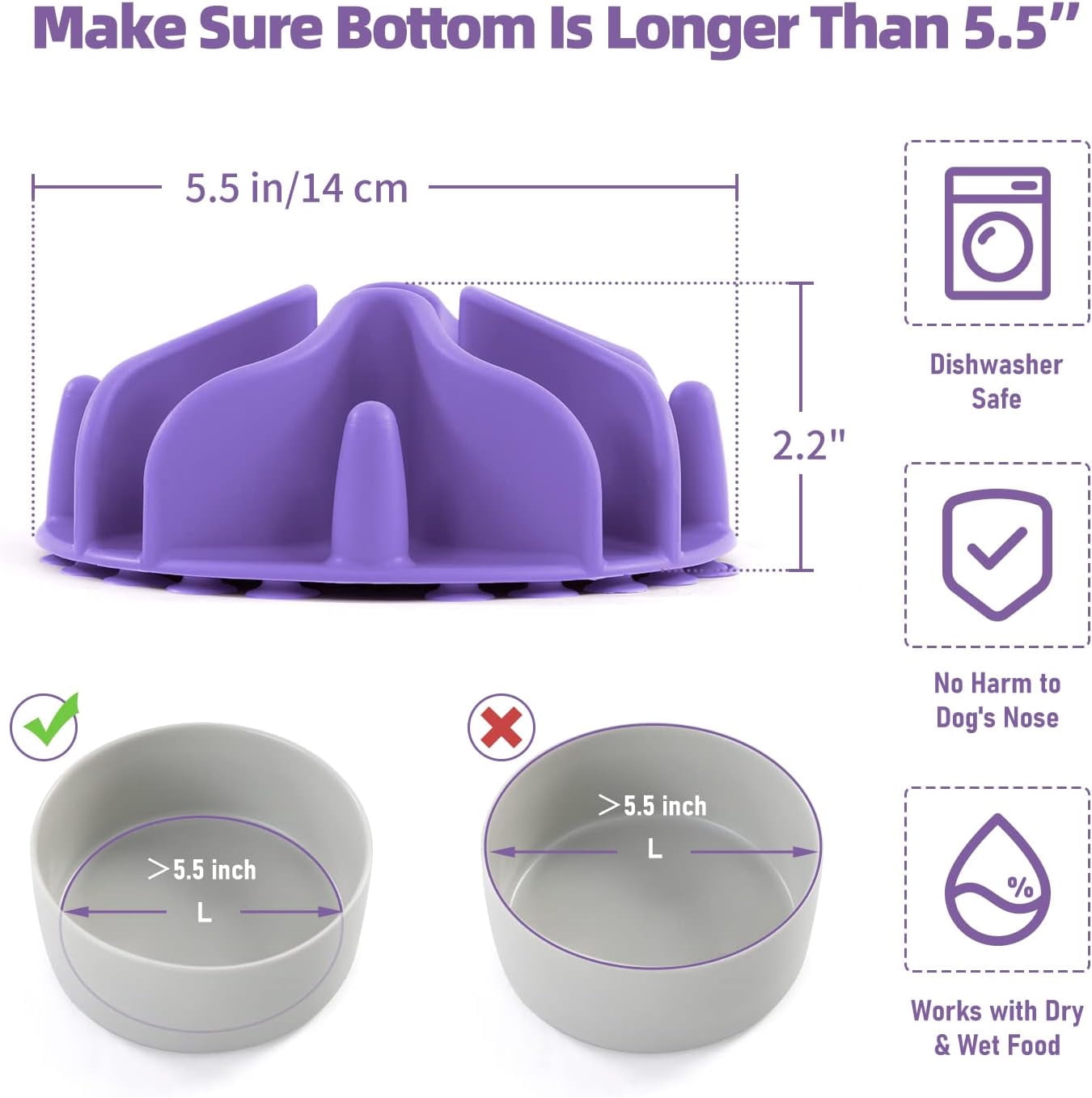 Slow Feeder Dog Bowls Insert, Puzzle Slow Feeder with 51 Octopus Suction Cups for Medium Large Size Dog Bowls Over 6.5" Wide (Purple)