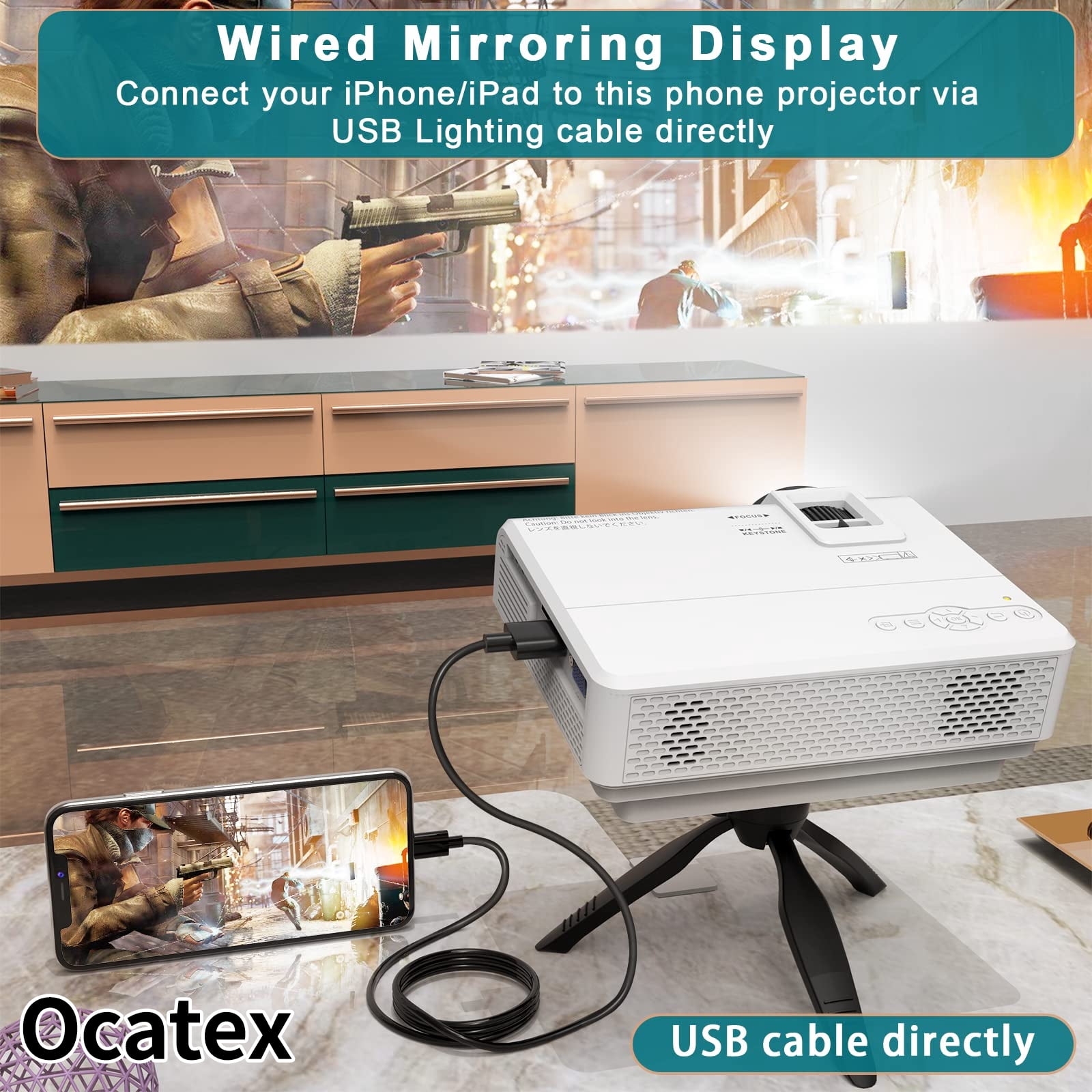 Ocatex Mini Projector, Full HD 1080P 200” Display Supported, Compatible with Smartphones, TV Stick, Video Games, DVD Player, HDMI/AV/VGA/USB for Outdoor Movies