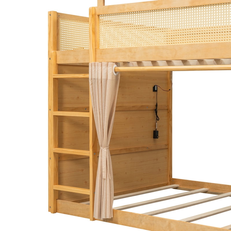 Full-Over-Full Bunk Bed with Bedside 3-Tier Storage Bookshelf, Teens/Kids Rattan Guardrail Bed Frame with Curtain & Light