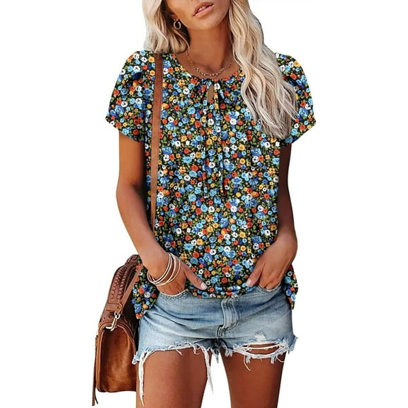 KISSMODA Short Sleeve Shirts for Women Dressy Casual Summer Blouses Pleated Front Loose Fit Tunic Tops