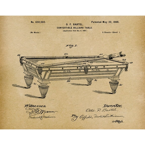 Original Billiard Table Artwork Submitted In 1900 - Billiard - Patent Art Print