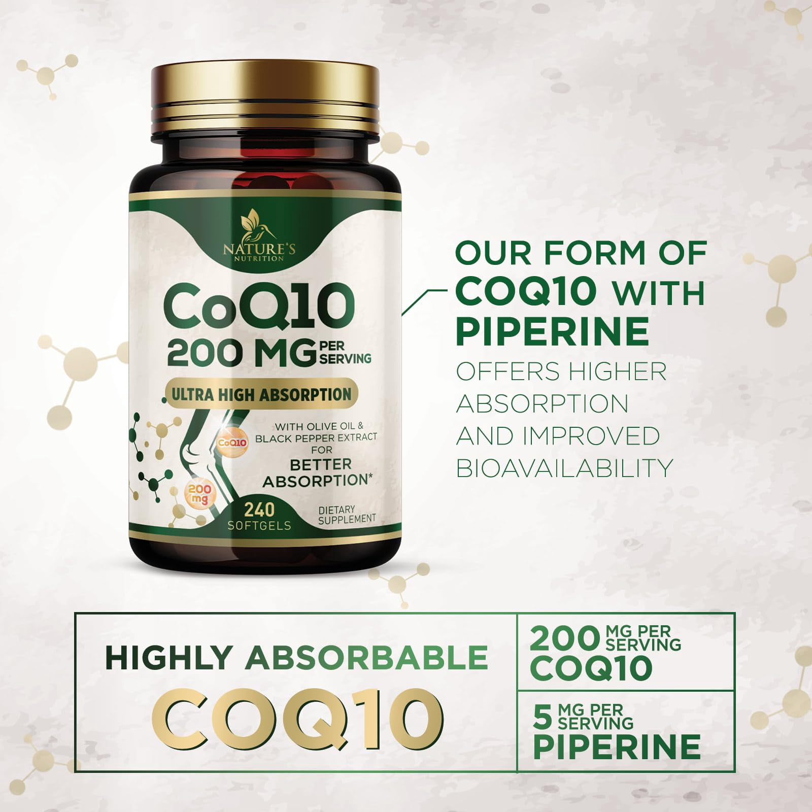CoQ10 Softgels - Coenzyme Q10 200mg Per Serving - Extra Strength Coenzyme Q10 Supplement - Piperine for Enhanced Absorption - CoQ10 Antioxidant for Heart Health Support - Bottled in USA, 240 Softgels