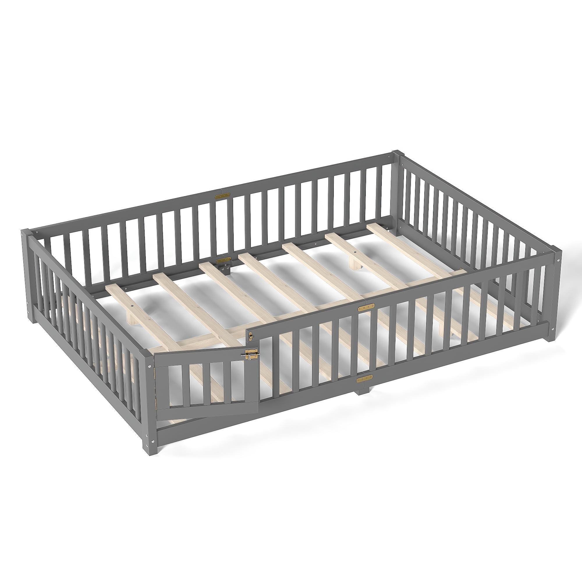 Queen Size Montessori Floor Bed with Rails, Wood Kids Floor Bed with Door and Slats Support, Toddler Bed Montessori Bed for Boys Girls, No Box Spring Needed Design