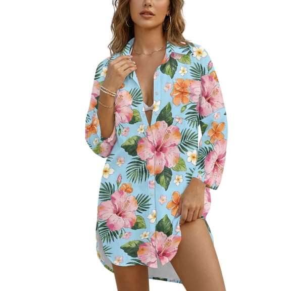 Renewold Beach Cover Ups for Women Breathable Bikini Coverups with Pocket Hawaii Button Down Shirts for Women Long Shirt Bathing Suit Cover Up Vacation Clothes, Hibiscus Plumeria Leaf Print, S